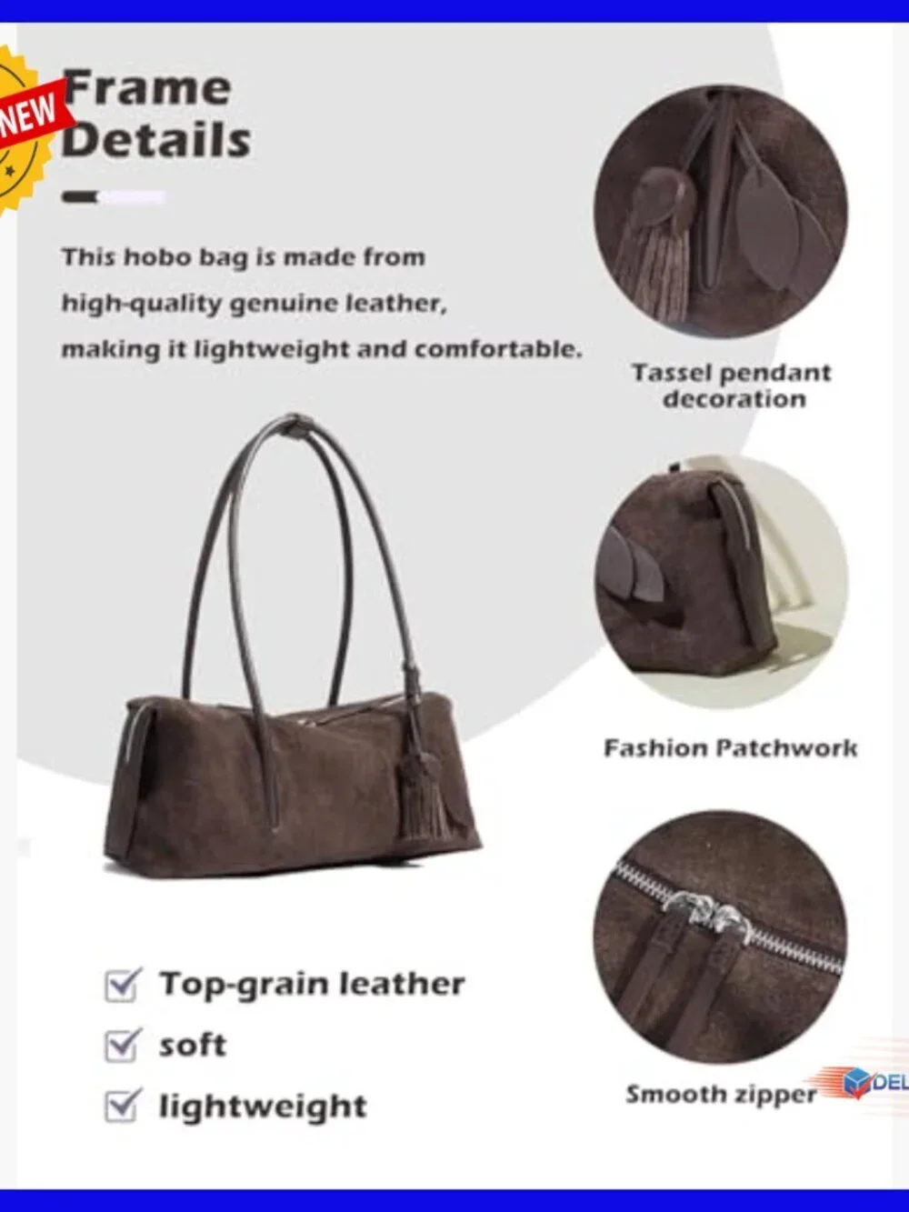 Genuine Suede Leather Hobo Bag, Lightweight Tote for Daily Commute